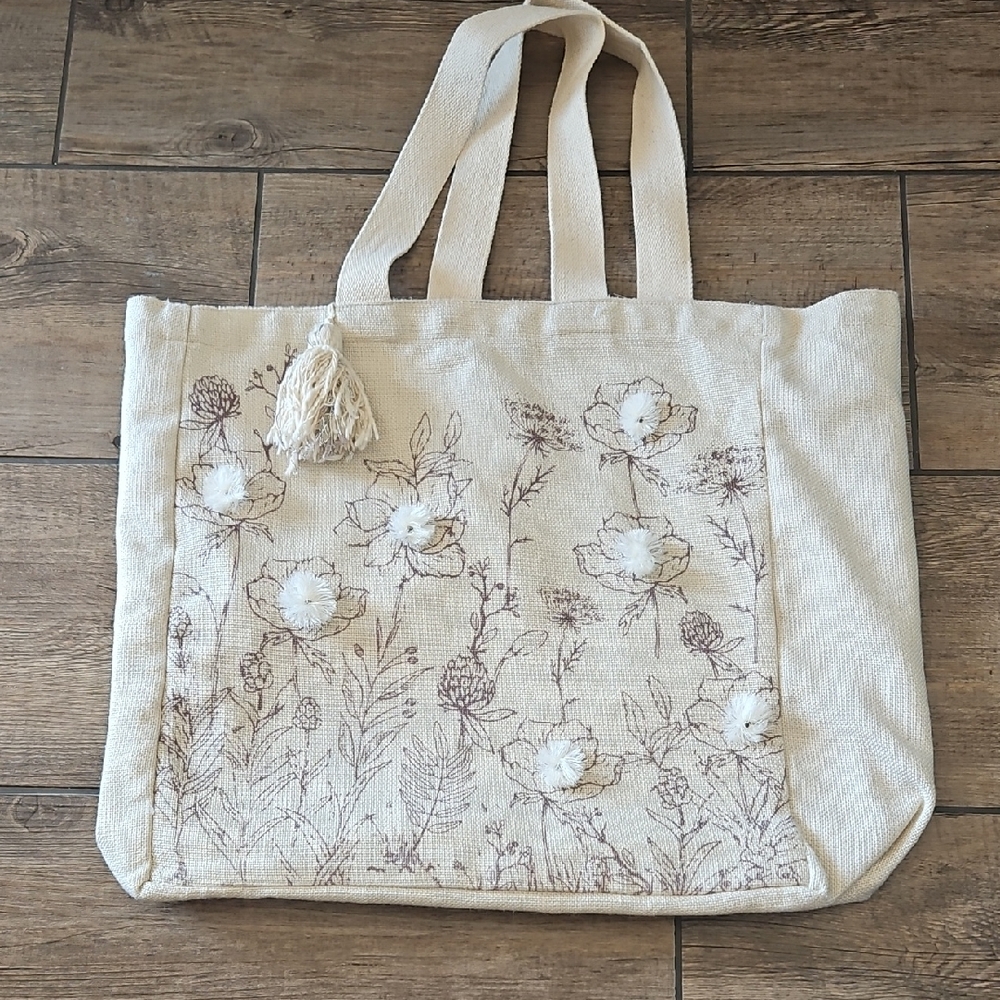 Cream Canvas Tote Bag with Floral Pattern